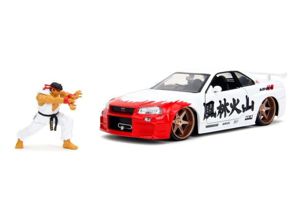 JADA TOYS 1/43 2002 ニッサン スカイライン GT-R (R34) ホワイト ストリートファイター/リュウ フィギュア付  [No.JADA35114]