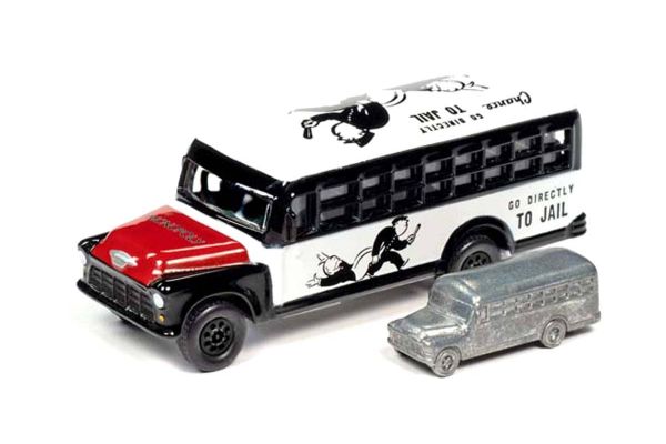 JOHNNY LIGHTNING 1/64scale Monopoly Chevy School Bus (White / Black) with Token (Monopoly Piece)  [No.JLSP092]