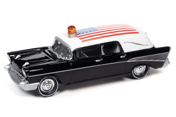 JOHNNY LIGHTNING 1/64 1957 シェビー 霊柩車 ブラック/ホワイト/アメリカ国旗 JLSP144